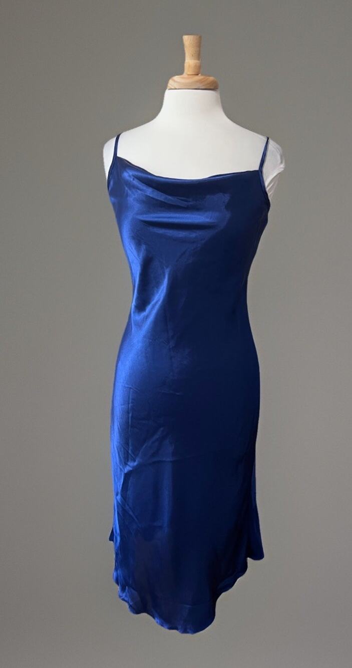 Bebe Liquid Satin Slip Dress Midi Cowl Neck Cobalt Blue Minimal CBK Y2K sz M